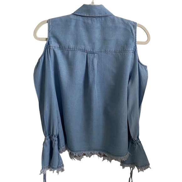 Splendid cold shoulders button down shirt blue chambray denim frayed edges M - Picture 8 of 14